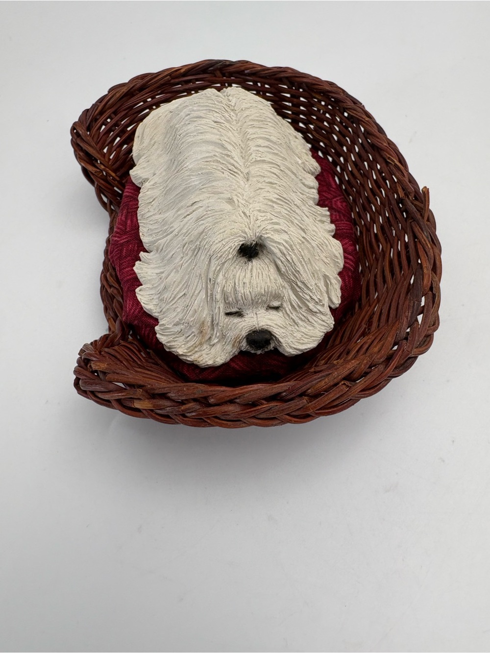 Vintage Sandicast Sleeping Maltese Dog Sculpture by Artist Sandy Brue